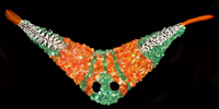 Diplocaulus: (Skull) resin replica of 
						a Diplocaulus; an amphibian from the Permian period. (Feathers) Rooster The piece is covered with tumbled and polished Carnelian and Malachite stones (Size) Approximately 18 ½ x 9 inches